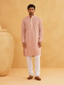 SOJANYA Geometric Embroidered Mandarin Collar Pure Cotton Straight Kurta
