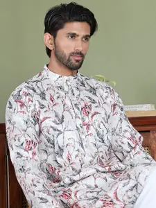Anouk White Abstract Printed Band Collar Straight Kurta With Pyjama