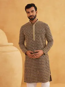 SOJANYA Geometric Sequins Embroidered Mandarin Collar Pure Cotton Straight Long Kurta