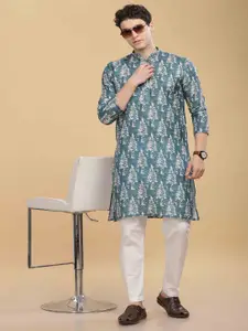 Anouk Blue Abstract Printed Mandarin Collar Cotton Straight Kurta