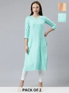 KALINI Selection Of 2 Striped Printed V-Neck Pure Cotton Straight Kurta