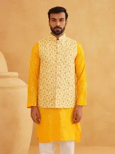 SOJANYA Leheriya Sequinned Band Collar Pure Cotton Kurta With Churidar And Nehru Jacket