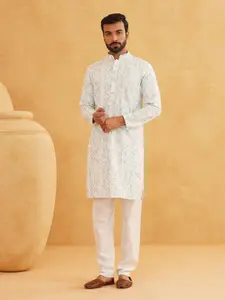 SOJANYA Geometric Embroidered Sequinned Mandarin Collar Pure Cotton Kurta With Churidar