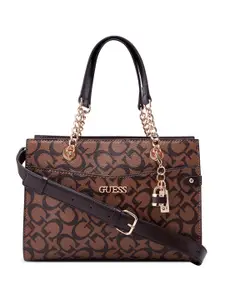 GUESS Brand Logo Printed Structured Satchel Handbag