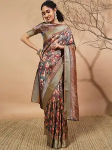 RACHNA Floral Printed Zari Pure Silk Ready to Wear Saree