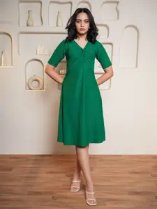 PURVAJA Women V-Neck A-Line Midi Dress