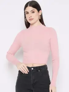 Camey Women Striped Woollen Mock Neck Crop Pullover
