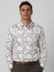 V Dot Men Spread Collar Abstract Printed Cotton Slim Fit Formal Shirt
