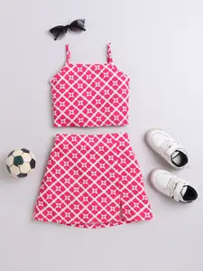 taffykids Girls Printed Shoulder Straps Sleeveless Top With Skirt