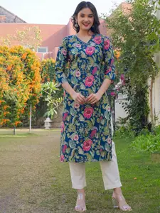 Vbuyz Floral Printed V-Neck Three-Quarter Sleeves Pure Cotton Straight Kurta
