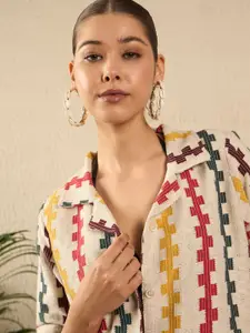 The Roadster Lifestyle Co. Women Cuban Collar Textured Cotton Boxy Casual Shirt