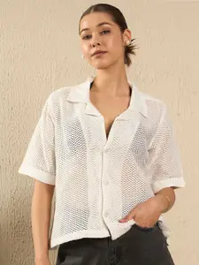The Roadster Lifestyle Co. Women Cuban Collar Textured Cotton Boxy Casual Shirt