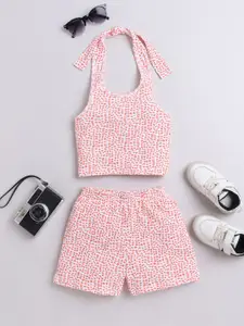taffykids Girls Polka Dots Printed Halter Neck Pure Cotton Crop Top with Skirt