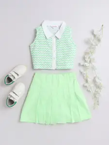 taffykids Girls Chevron Printed Shirt Collar Linen Top With Skirt