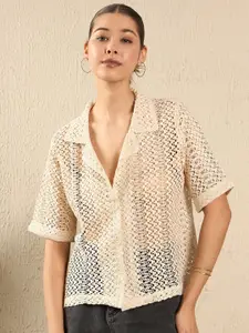 The Roadster Lifestyle Co. Women Cuban Collar Textured Cotton Boxy Casual Shirt