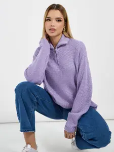 Styli Women Self Design Chucky Rib High Neck Half Zipper Oversized Pullover Sweater