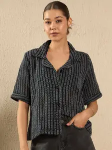 The Roadster Lifestyle Co. Women Cuban Collar Textured Cotton Boxy Casual Shirt