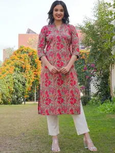 Vbuyz Floral Printed V-Neck Three-Quarter Sleeves Pure Cotton Straight Kurta