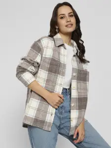 AMERICAN EAGLE OUTFITTERS Women Spread Collar Tartan Checked Cotton Oversized Casual Shirt