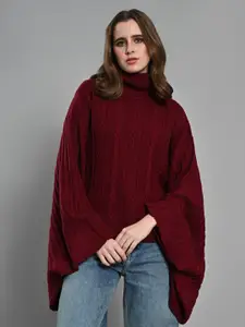 IZEL Women Self Design Cable Knit Turtle Neck Longline Poncho Sweaters