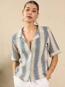 The Roadster Lifestyle Co. Women Cuban Collar Textured Cotton Boxy Casual Shirt