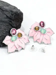 KRENOZ Silver Plated Rhinestone Studded Floral Studs Earrings
