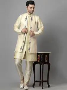 Utsav Fashion Men Ethnic Motifs Printed High Slit Beads and Stones Kurta with Trousers
