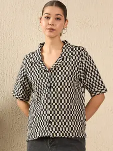 The Roadster Lifestyle Co. Women Cuban Collar Textured Cotton Boxy Casual Shirt