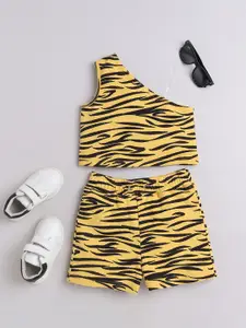 taffykids Girls Printed One Shoulder Sleeveless Pure Cotton Crop Top With Shorts