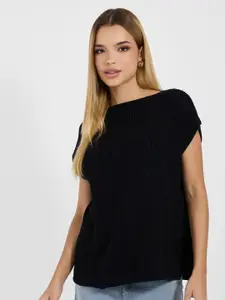 Styli Women Self Design Boat Neck Short Extended Sleeves Boxy Fit Pullover Sweater