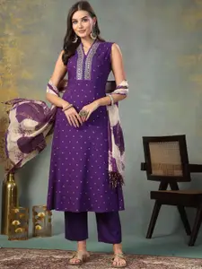 Stylum Women Bandhani Printed Shawl Neck Lace Frills Bows and Ruffles Kurta