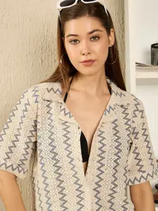 The Roadster Lifestyle Co. Women Cuban Collar Chevron Self Design Cotton Boxy Casual Shirt