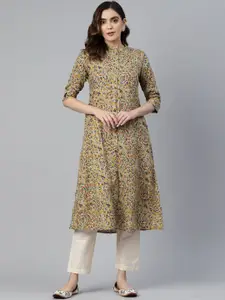 Vbuyz Floral Printed Three-Quarter Sleeves A-Line Kurta