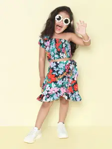 taffykids Girls Floral Printed One Shoulder Smocked Detail Crop Top With Skirt