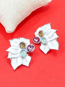 KRENOZ Silver-Plated Stainless Steel Rhinestone Resin Flower Elegant Acrylic Petal Studs
