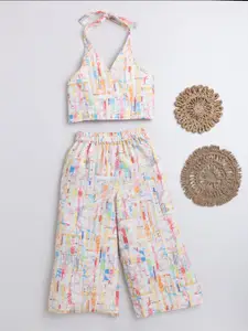taffykids Girls Abstract Printed Halter Neck Pure Cotton Top With Trousers