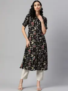 Vbuyz Floral Printed Mandarin Collar Pure Cotton Sequinned A-Line Kurta