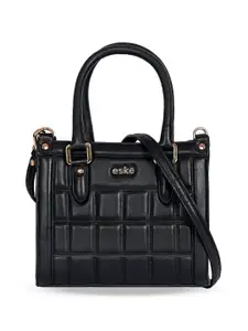 eske Women Black Quilted Structured Adjustable Sling Strap Leather Handheld Handbag