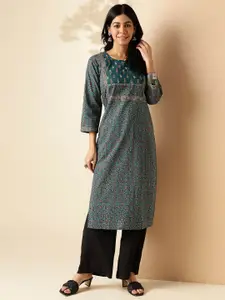 Vbuyz Floral Printed Keyhole Neck Three-Quarter Sleeves Pure Cotton Straight Kurta