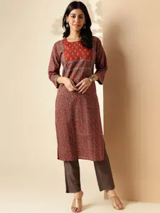 Vbuyz Floral Printed Keyhole Neck Three-Quarter Sleeves Pure Cotton Straight Kurta