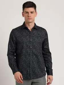 Turtle Men Classic Spread Collar Floral Printed Cotton Casual Shirt
