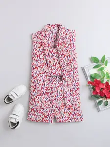 taffykids Girls Abstract Printed Shoulder Straps Top With Shorts & Jacket