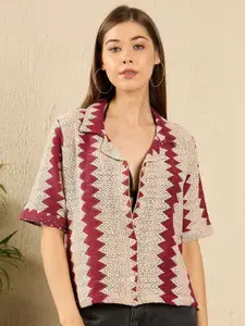 The Roadster Lifestyle Co. Women Cuban Collar Textured Cotton Boxy Fit Casual Shirt