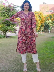 Vbuyz Floral Printed V-Neck Three-Quarter Sleeves Pure Cotton Straight Kurta