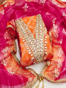 MANVAA Bandhani Printed Gotta Patti Organza Unstitched Dress Material