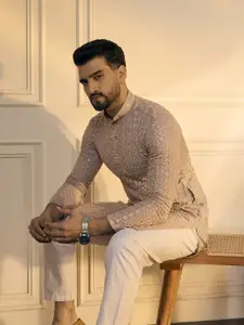 Anouk Peach Floral Embroidered Sequinned Mandarin Collar Pure Cotton Straight Kurta