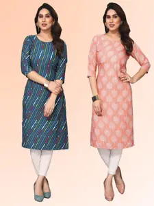 KETAKI FASHION Selection of 2 Striped Round Neck Straight Kurtas