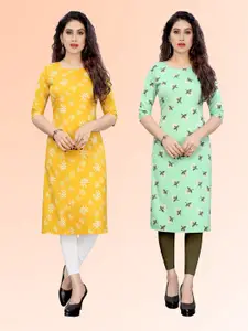 KETAKI FASHION Selection Of 2 Floral Printed Round Neck Straight Kurtas