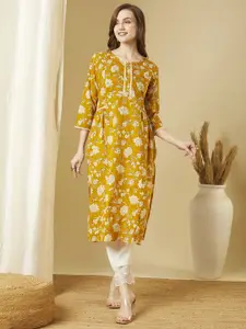 FASHOR Floral Printed Round Neck Mirror Work Pure Cotton A-Line Kurta