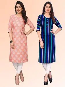 KETAKI FASHION Selection of 2 Floral Printed Round Neck Straight Kurtas